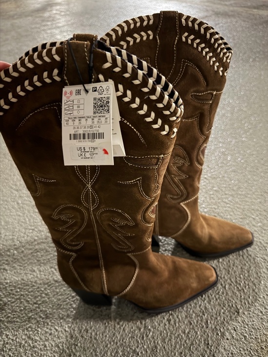 Zara Shoes - ZARA Brown Suede Western Cowboy Boots with White Whipstitch Trim size 9
